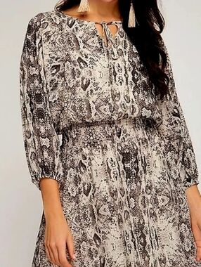 She & Sky Snakeskin Print Dress with Tie-Neck & Smocked Waist, Size 2XL